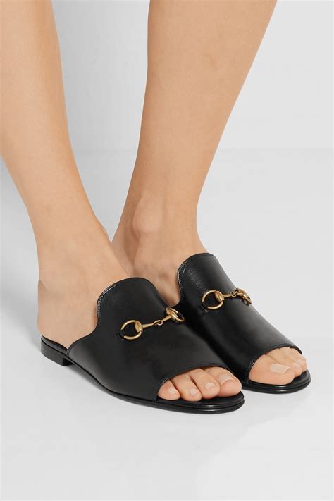 gucci horsebit accent leather slides|Women's slide sandal with Horsebit in black leather .